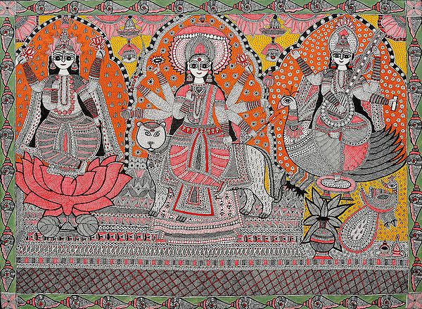 A Great Triad of Lakshmi, Durga and Saraswati with the Border of Conches