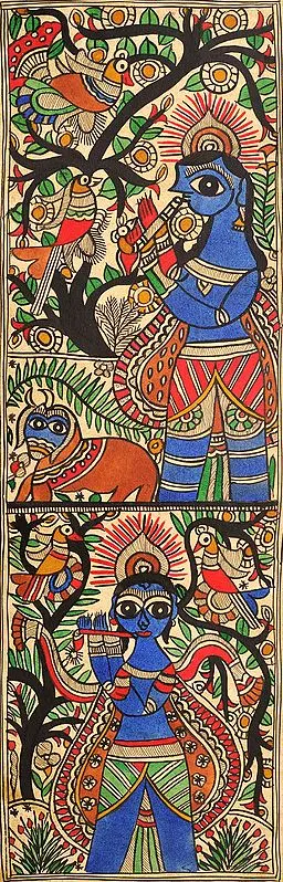 Twin Krishna with His Cow and Peacocks