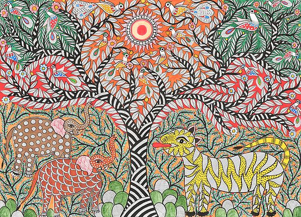 Tree of Life with Elephant Pair Tiger and Peacock