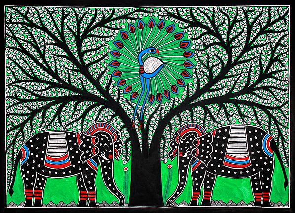 Dancing Peacock on Tree of Life with Elephant Pair