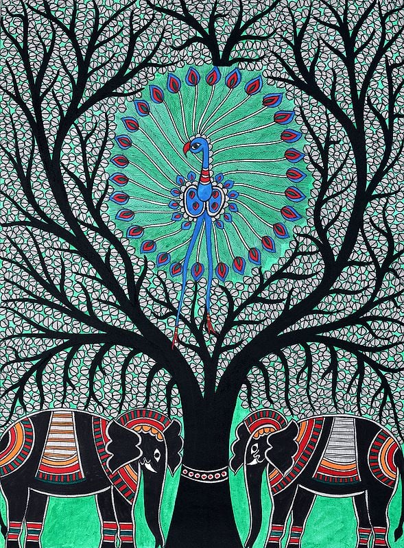 Dancing Peacock on Tree of Life with Pair of Elephants