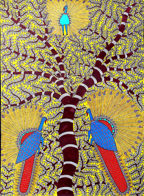 Dancing Peacocks on Vibrant Tree of Life