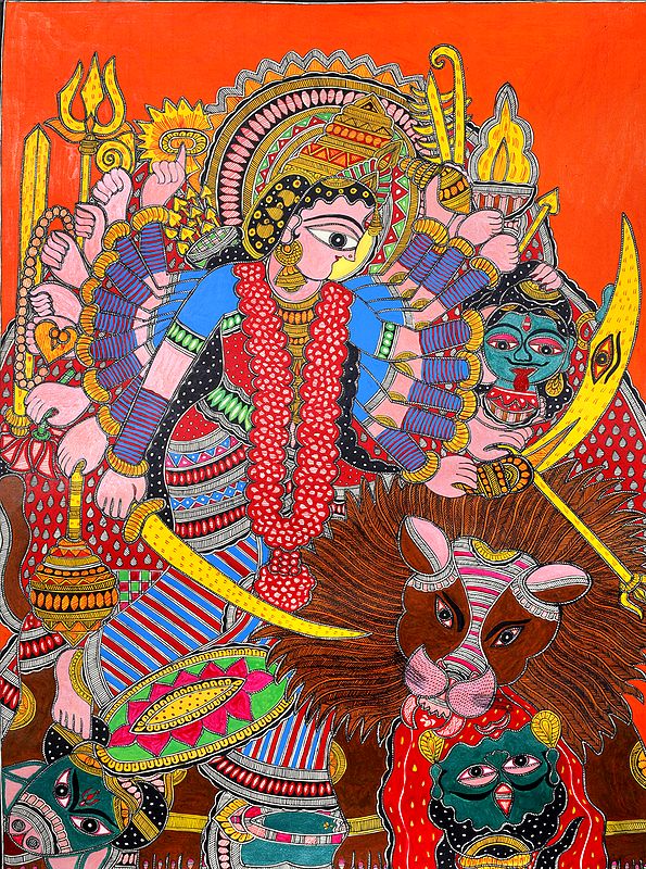Eighteen-Armed Goddess Durga Killing Mahishasura