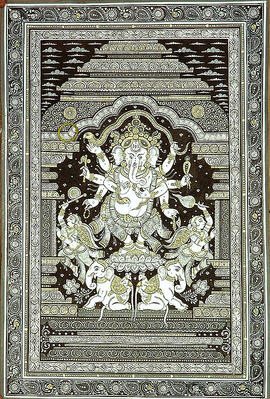 Eight Armed Dancing Ganesha with Flywhisk Bearers and Twin Elephants