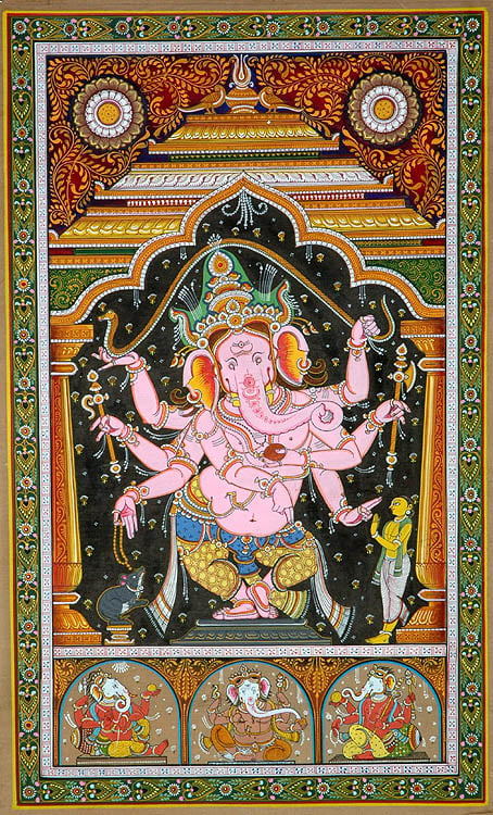 Eight-Armed Pink Dancing Ganesha with Three of His Forms Below