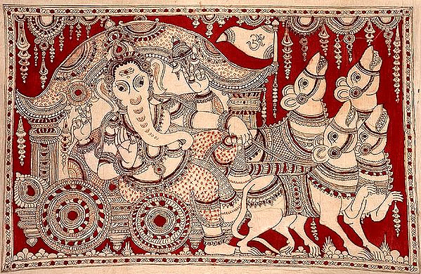 Ganesha on his Mouse Chariot with Om Flag