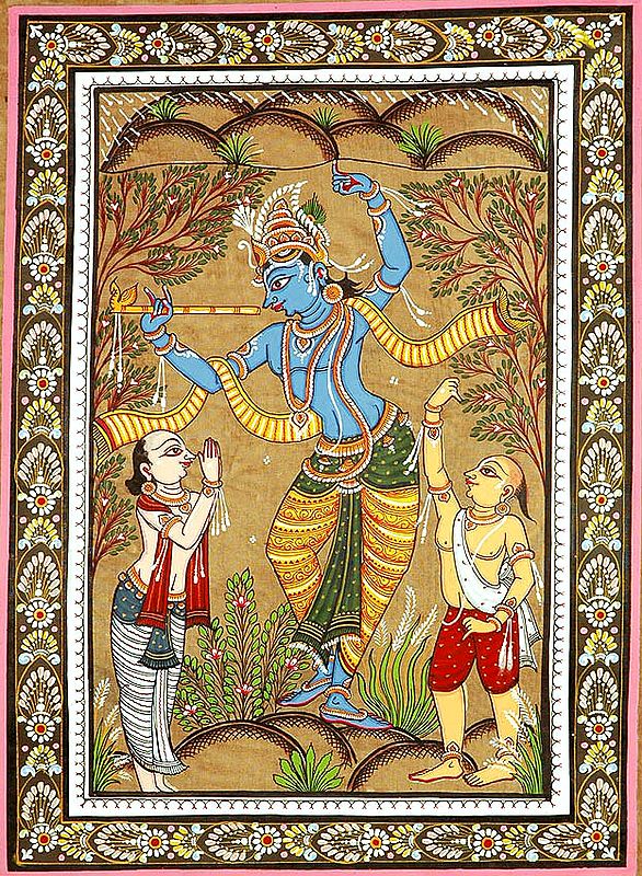 Krishna Lifting the Mountain Govardhana with Shridama and Madhumangal