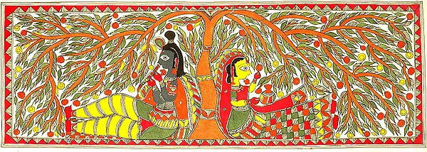 Krishna Plays His Flute While Radha Sita Mesmerized