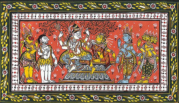 Lord Vishnu, Brahma, Hanuman and a Three-Legged Shaivite Saint Paying Homage to Shiva Parvati