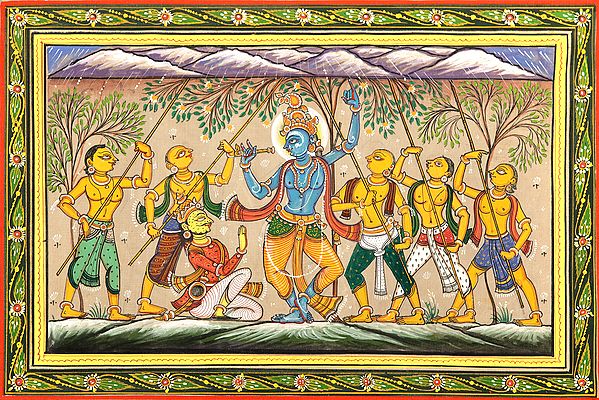 Krishna lifts Mount Gobardhan