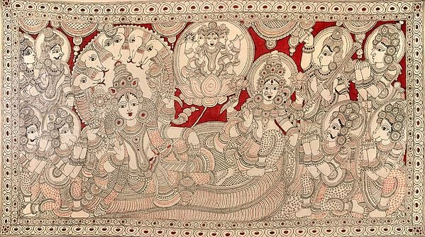 Shesha Shayi Vishnu Lakshmi With Narada, Hanuman, Devas and Saints in Reverence - Large Size