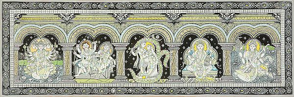 Goddess Gayatri with Shiva Parvati, Radha Krishna, Lakshmi Ji and Goddess Saraswati