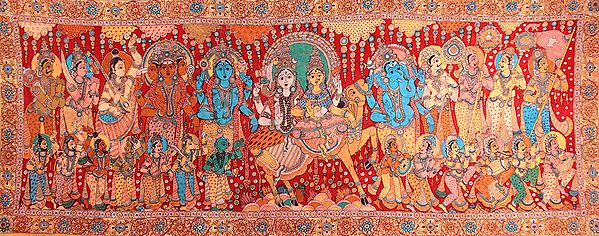 Shiva Parvati Seated on Nandi in a Procession with Vishnu, Karttikeya, Ganesha, Narada, Saints and Shiva Ganas