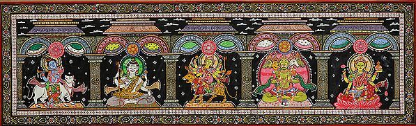 A Panel of Krishna, Shiva, Durga, Five-Headed Hanuman and Lakshmi