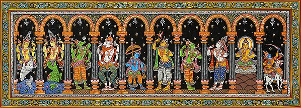 Dashavatara Panel: Ten Incarnations of Vishnu (From Left - Matshya, Kurma, Varaha, Narasimha, Vaman, Parashurama, Rama, Balarama, Buddha and Kalki)