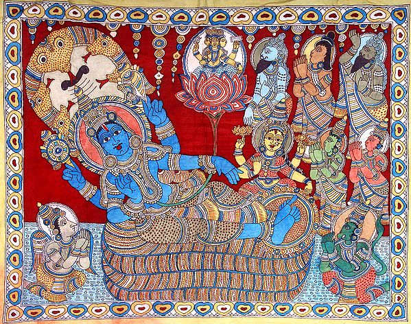 Shesha Shayi Vishnu Lakshmi Attended by Devas, Saints, Narada, Garuda and Hanuman