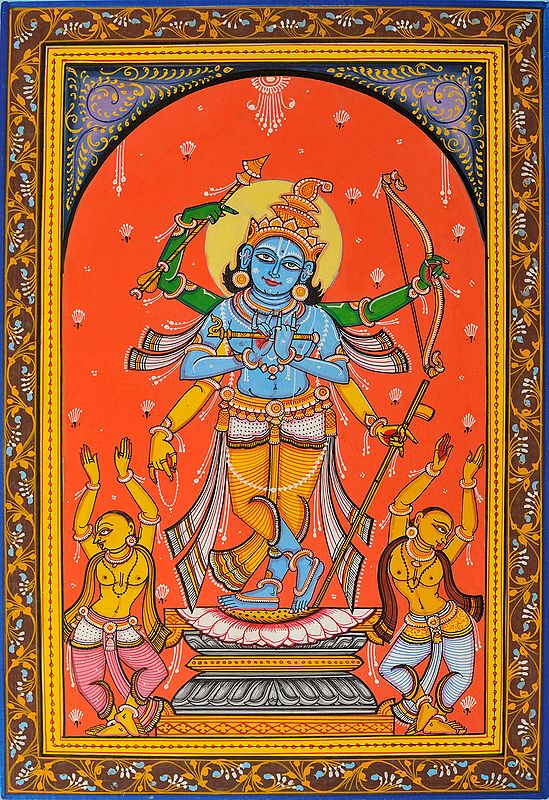 A Composite Image of  Shri Rama, Chaitanya Mahaprabhu and Shri Krishna with Devotees