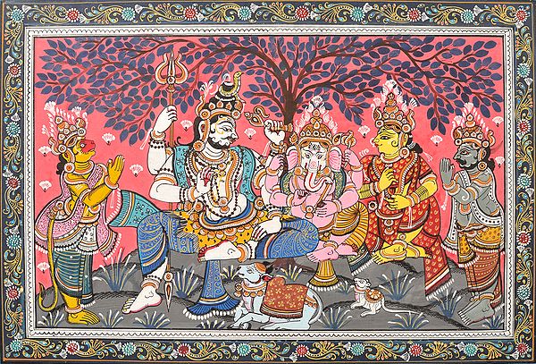 Shiva, Parvati, Ganesha with Hanuman and Virabhadra