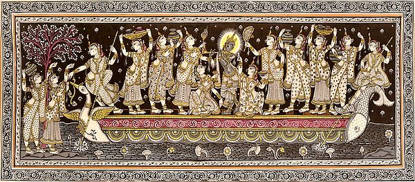Radha Krishna on the Ferry Boat of Love with Gopis
