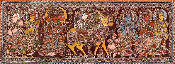 Shiva Parvati Seated on Nandi in a Procession with Vishnu, Karttikeya, Saints and Shiva Ganas