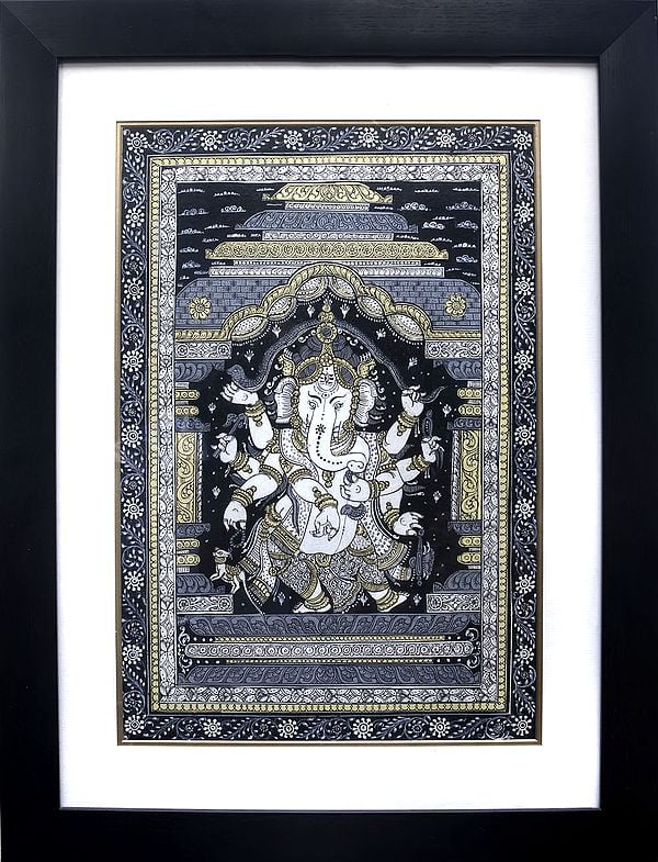 Lord Ganesha Dancing and Stretching a Snake Over His Head (Framed)