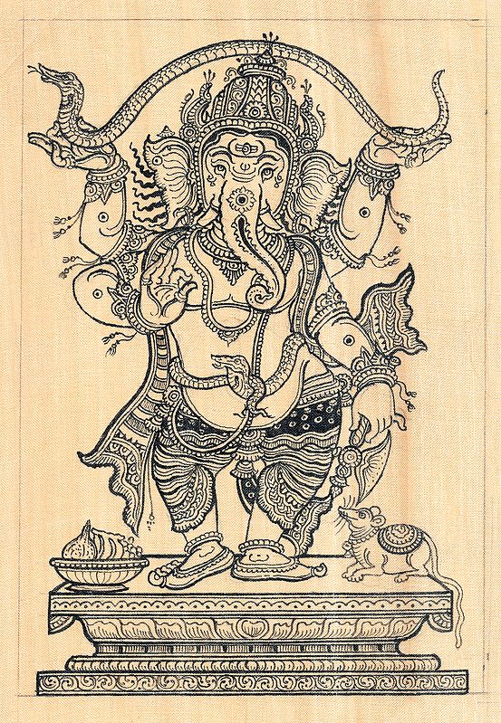Dancing Ganesha Stretching Vasuki Over His Head: Patachitra Painting