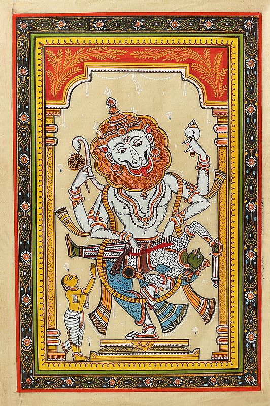 Richly Coloured Depiction Of Narasimha Destroying Hiranyakashipu, As Prahlada Looks On