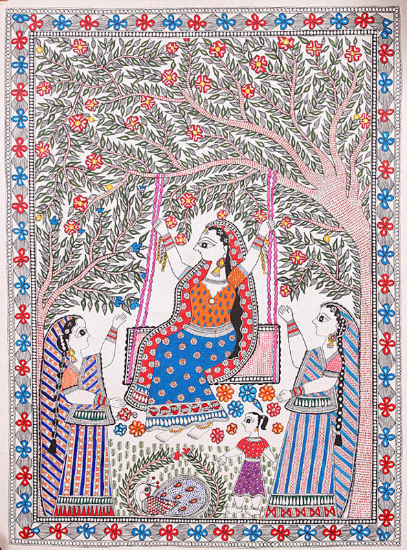 Radha Swings with Her Peacock at Her Feet