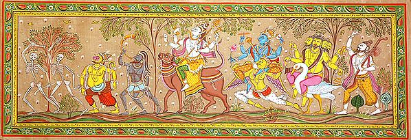 Lord Shiva Accompanied by Lord Vishnu, Brahma, Saints and Ghosts Going Parvati's Home to Marry Her