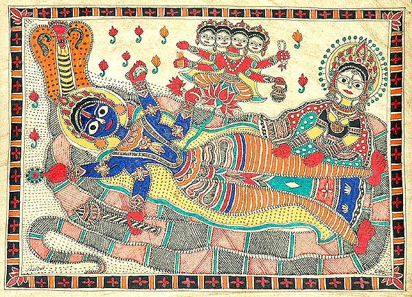 Vishnu on the Serpent Ananta with Goddess Lakshmi and Brahma Ji Emerging from His Navel