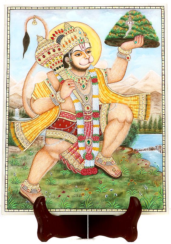 Bhagwan Hanuman Carrying Mount Dron (Embossed Painting)