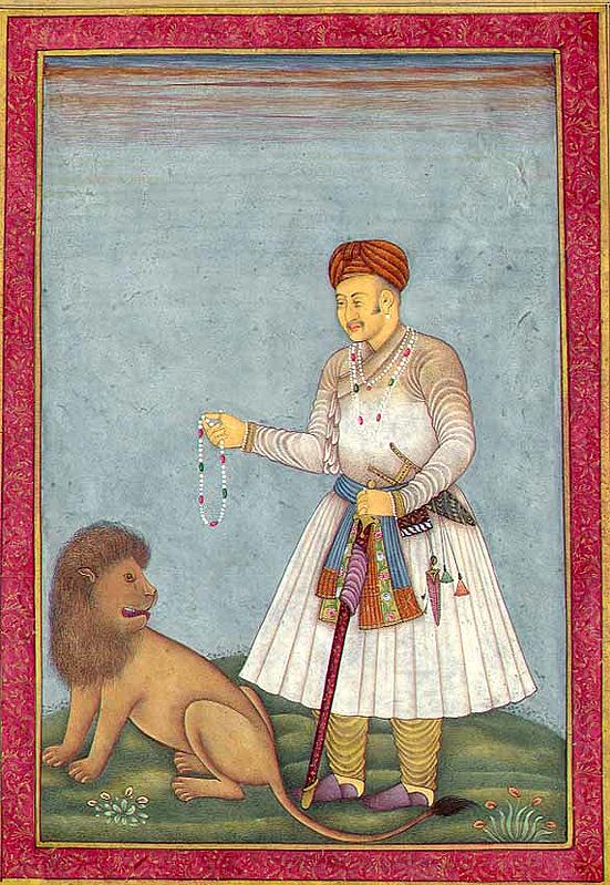 Mughal Emperor Akbar with a Lion