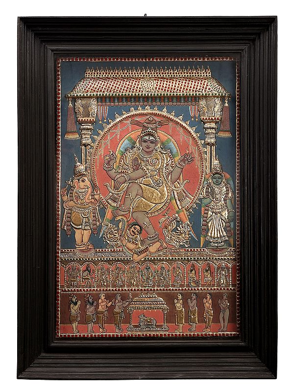 Lord Shiva as Nataraja in Dance Mudra Tanjore Painting | Traditional Colors With 24K Gold | Teakwood Frame | Gold & Wood | Handmade | Made In India