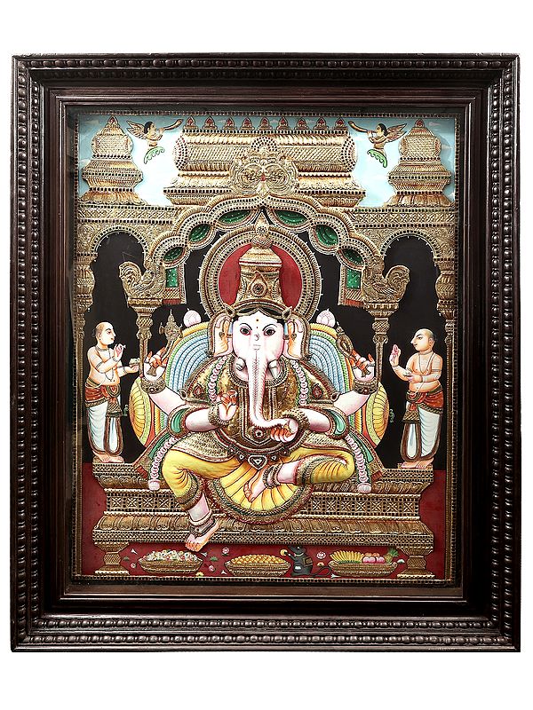 Lord Ganesha Super Large Tanjore Painting | Traditional Colors With 24K Gold | Teakwood Frame | Gold & Wood | Handmade | Made In India