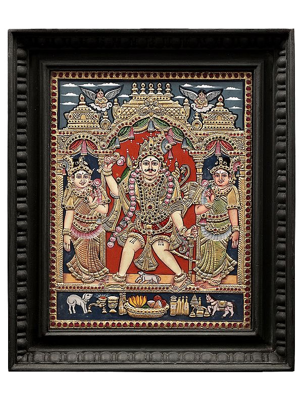 Lord Bhairava Tanjore Painting | Traditional Colors With 24K Gold | Teakwood Frame | Gold & Wood | Handmade | Made In India