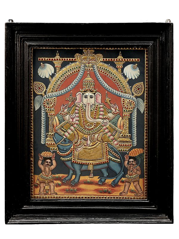 Lord Ganesha Seated on a Rat Tanjore Painting | Traditional Colors With 24K Gold | Teakwood Frame | Gold & Wood | Handmade | Made In India