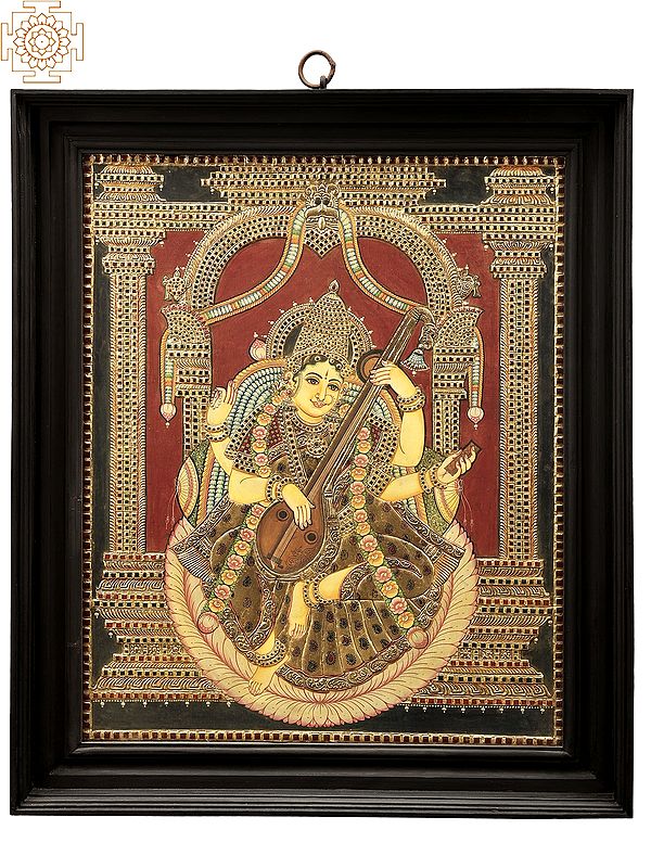 Goddess Saraswati Tanjore Painting | Traditional Colors With 24K Gold | Teakwood Frame | Gold & Wood | Handmade | Made In India
