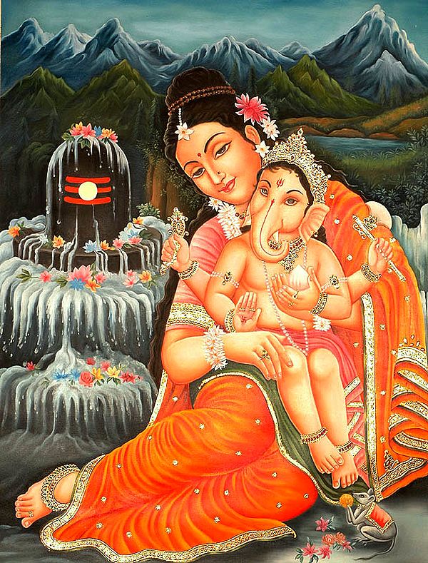 Baby Ganesha Seated in the Lap of Mother Parvati in Kailash