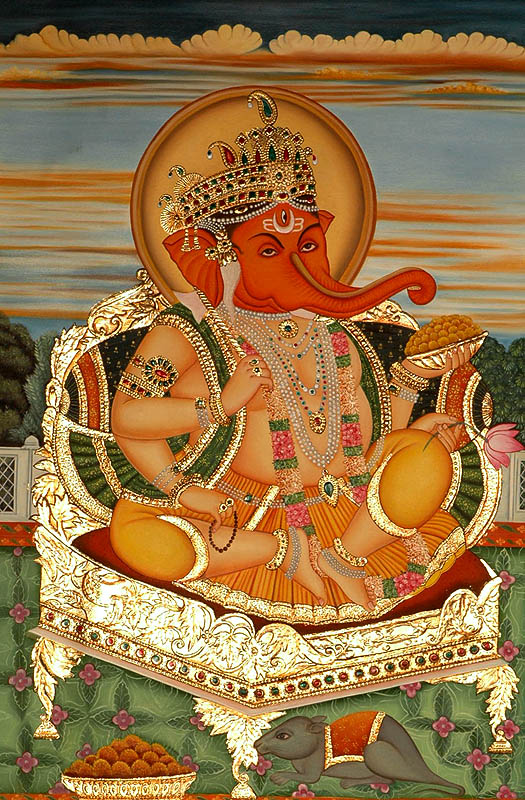 Enthroned Ganesha Spectacularly Embossed in 24 Karat Gold