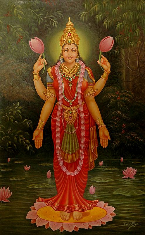 Four-Armed Standing Lakshmi Painting | Oil on Canvas