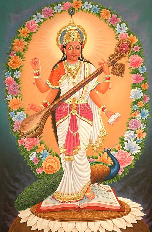 Four-Armed Standing Saraswati with Multi-color Flowers Aureole