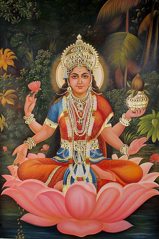 Goddess Lakshmi with Wealth Pot and Raining Coins