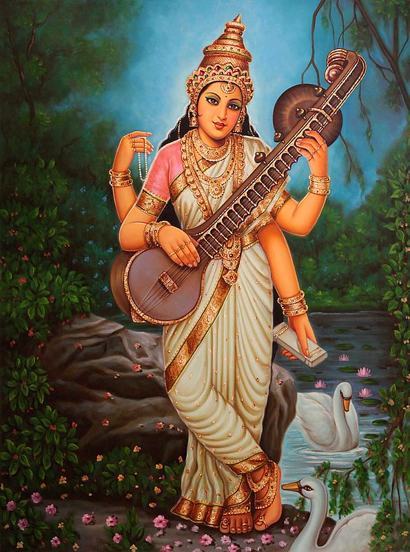 Goddess Saraswati Oil Painting on Canvas