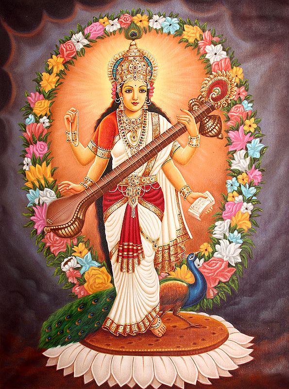 Four Armed Goddess Saraswati Wearing Sari