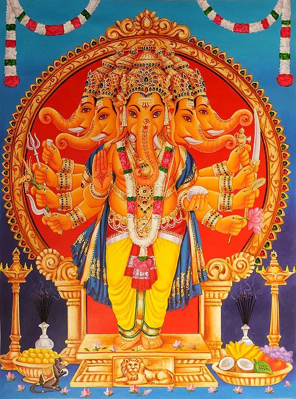 Five-Headed Lord Ganesha Oil Painting on Canvas