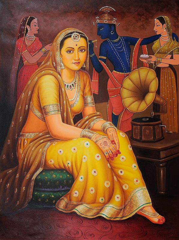 Lady Listening Bhajan in the Backdrop of Krishna and Gopi Figures