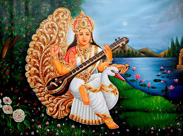 Goddess Saraswati Wearing White Sari and Seated on Swan