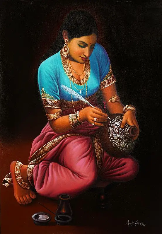 Lady Decorating The Pot