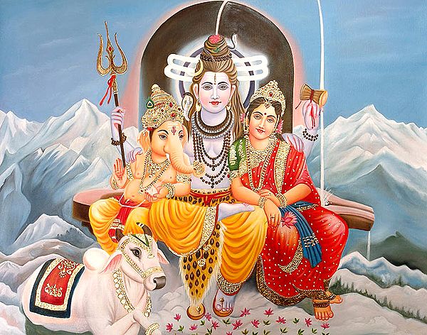 Shiva Parvati and Ganesha Seated Against a Shiva Ling on the Icy Peaks of Mount of Kailash with Nandi