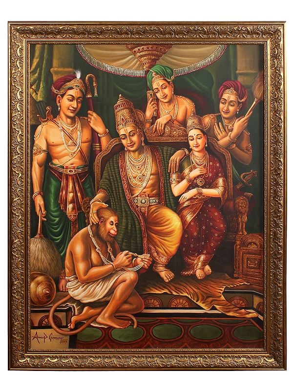 Shri Rama Darbar Framed Oil Painting on Canvas